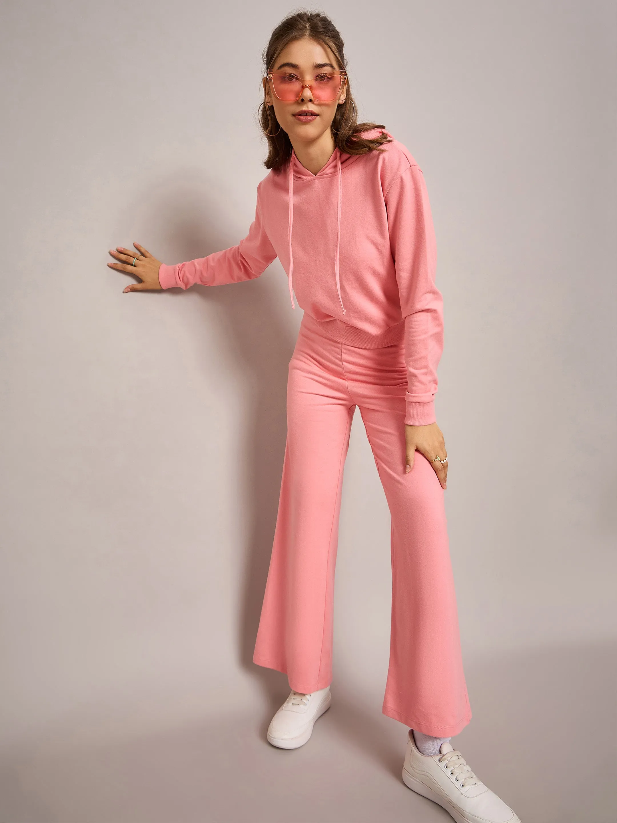 Women Pink Terry Regular Hoodie With Terry Pants