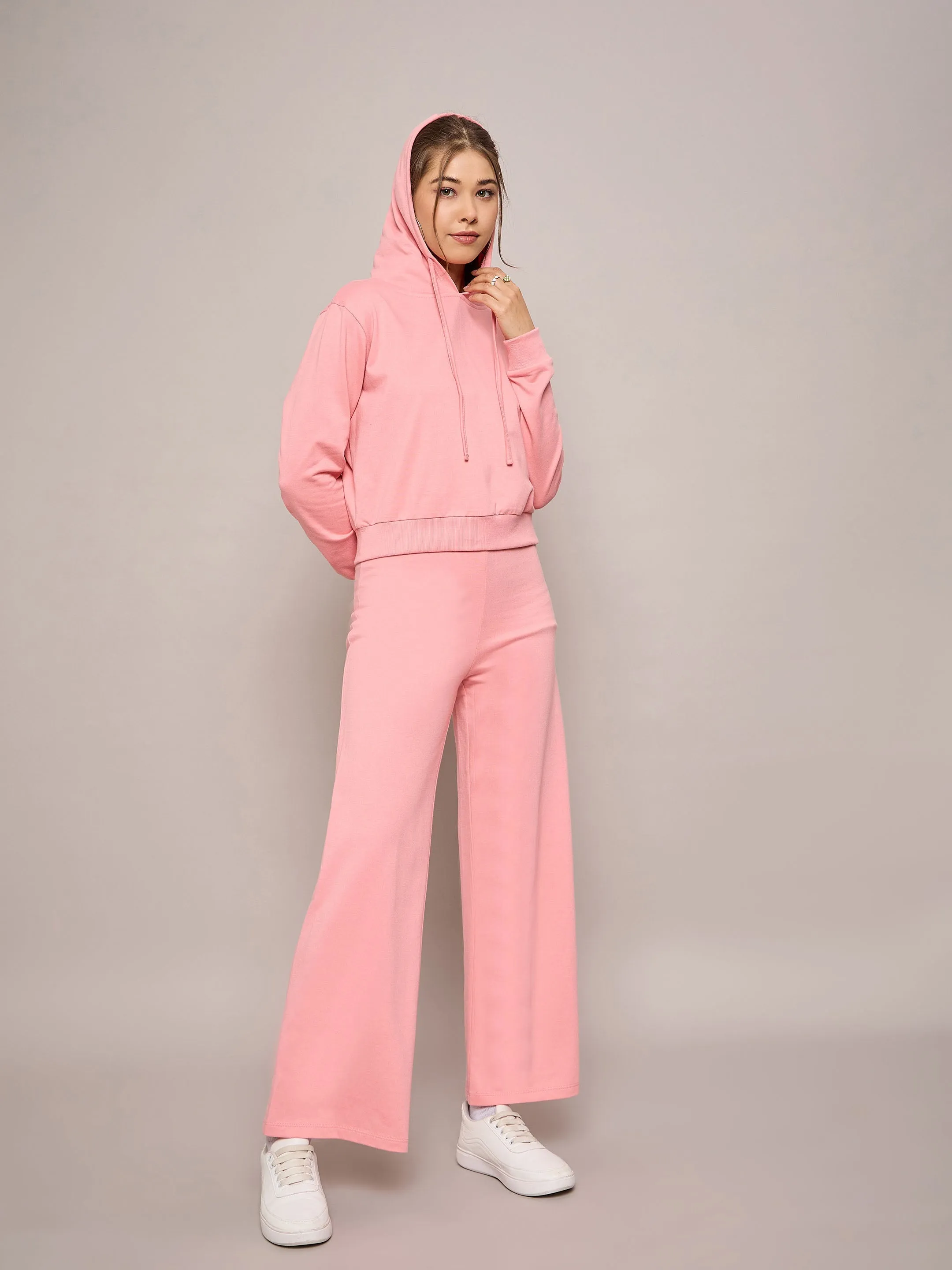 Women Pink Terry Regular Hoodie With Terry Pants