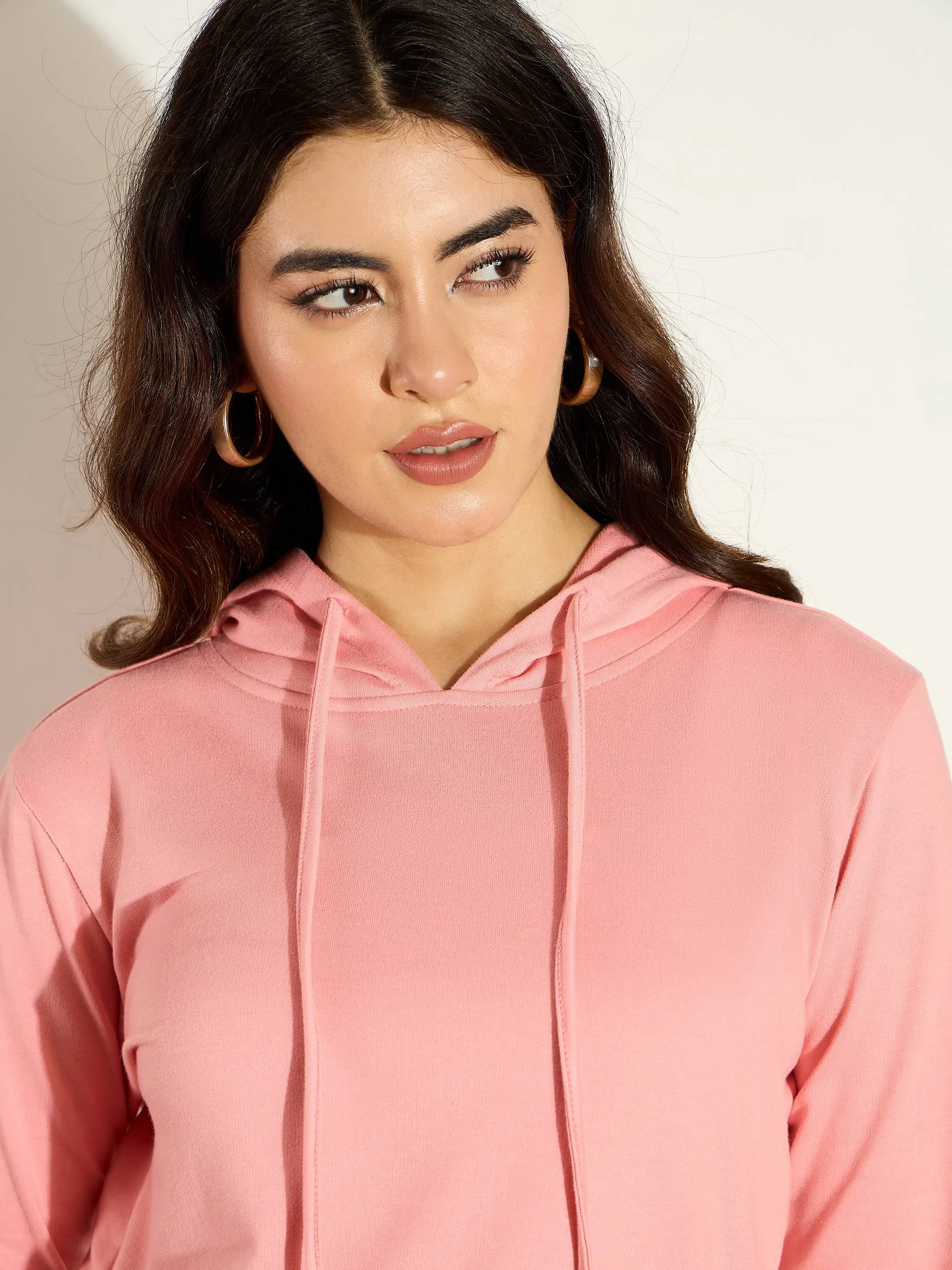 Women Pink Terry Regular Hoodie