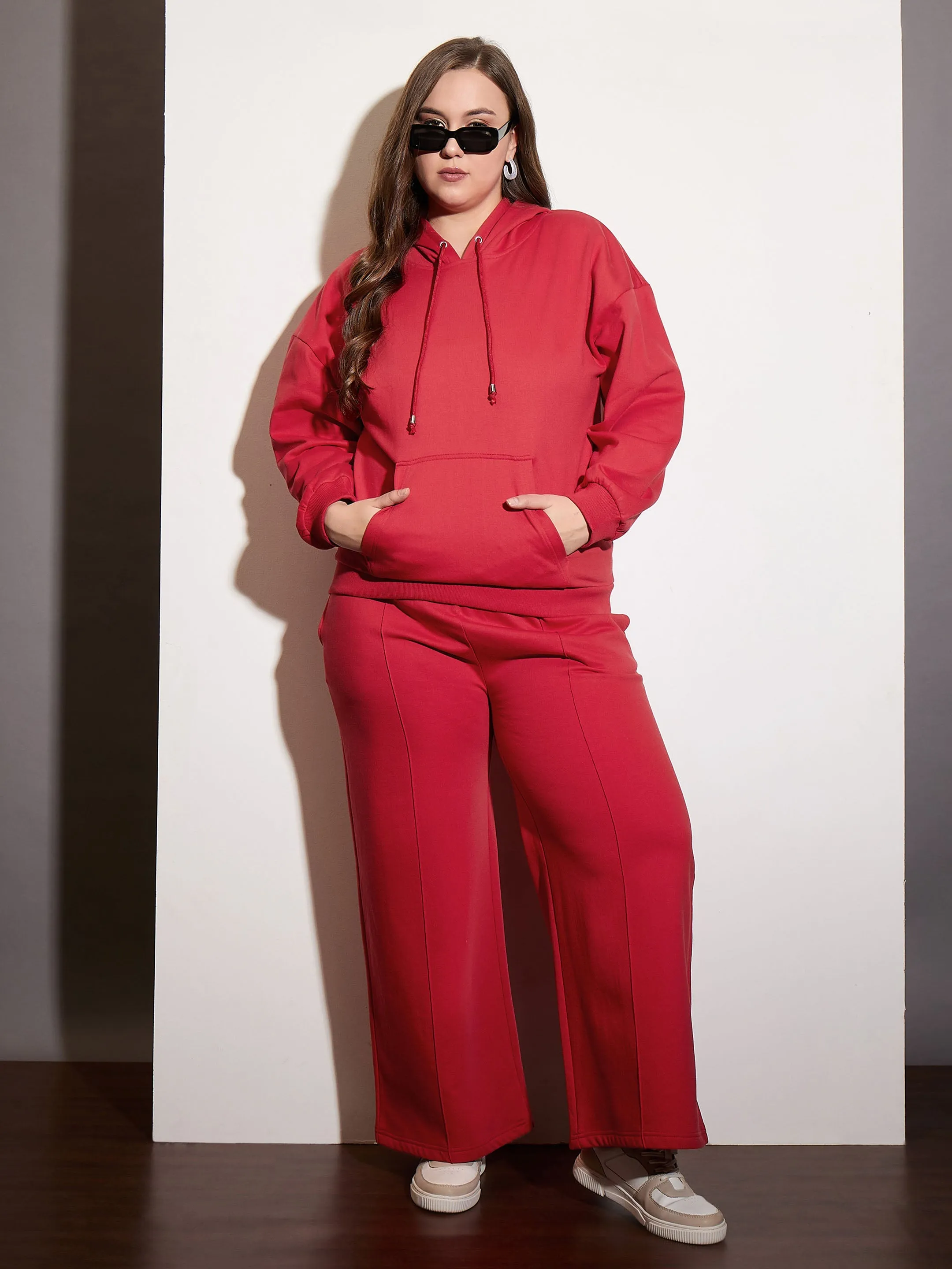 Women Red Melange Fleece Hoodie With Sweatpants