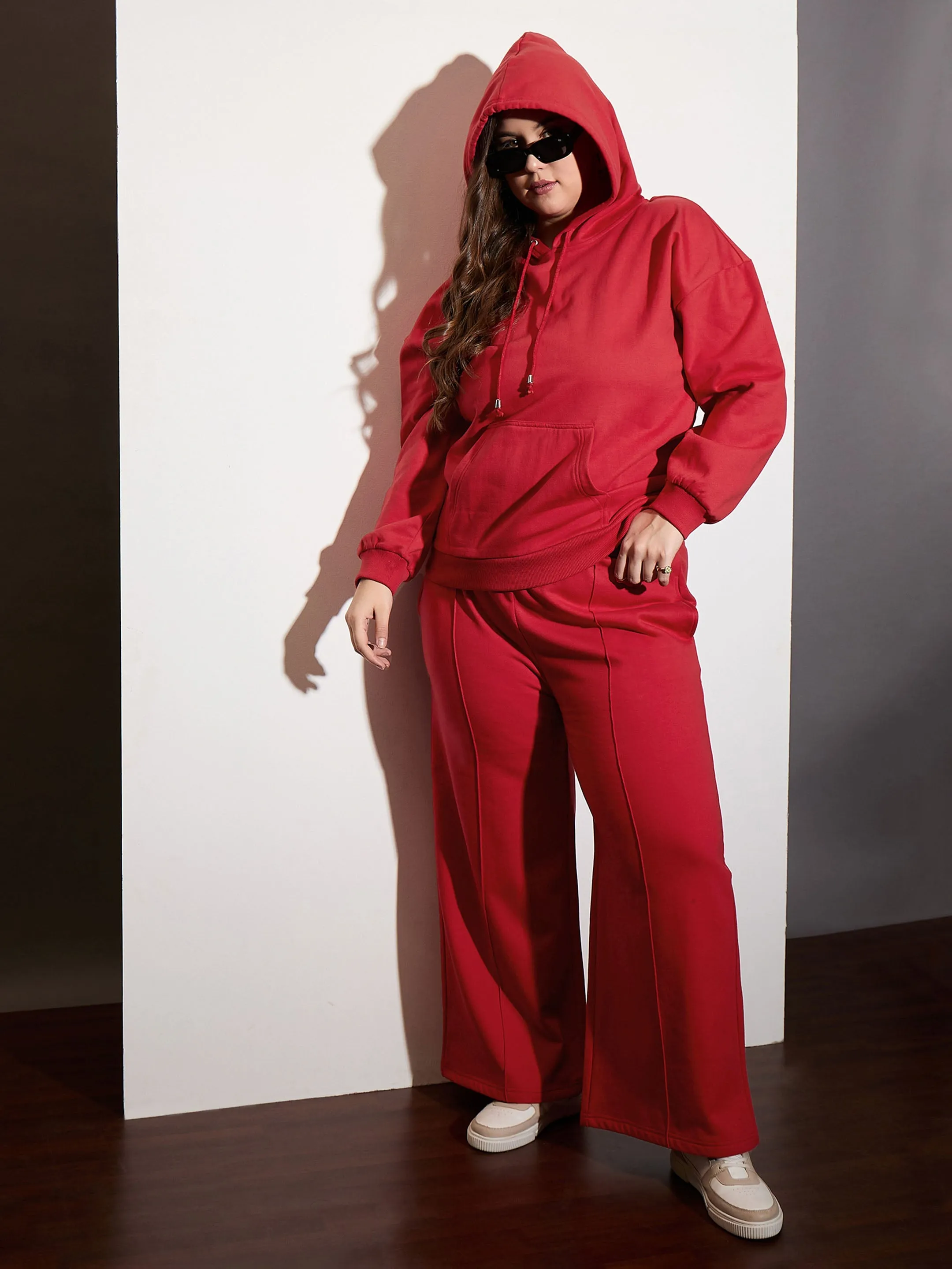 Women Red Melange Fleece Hoodie With Sweatpants