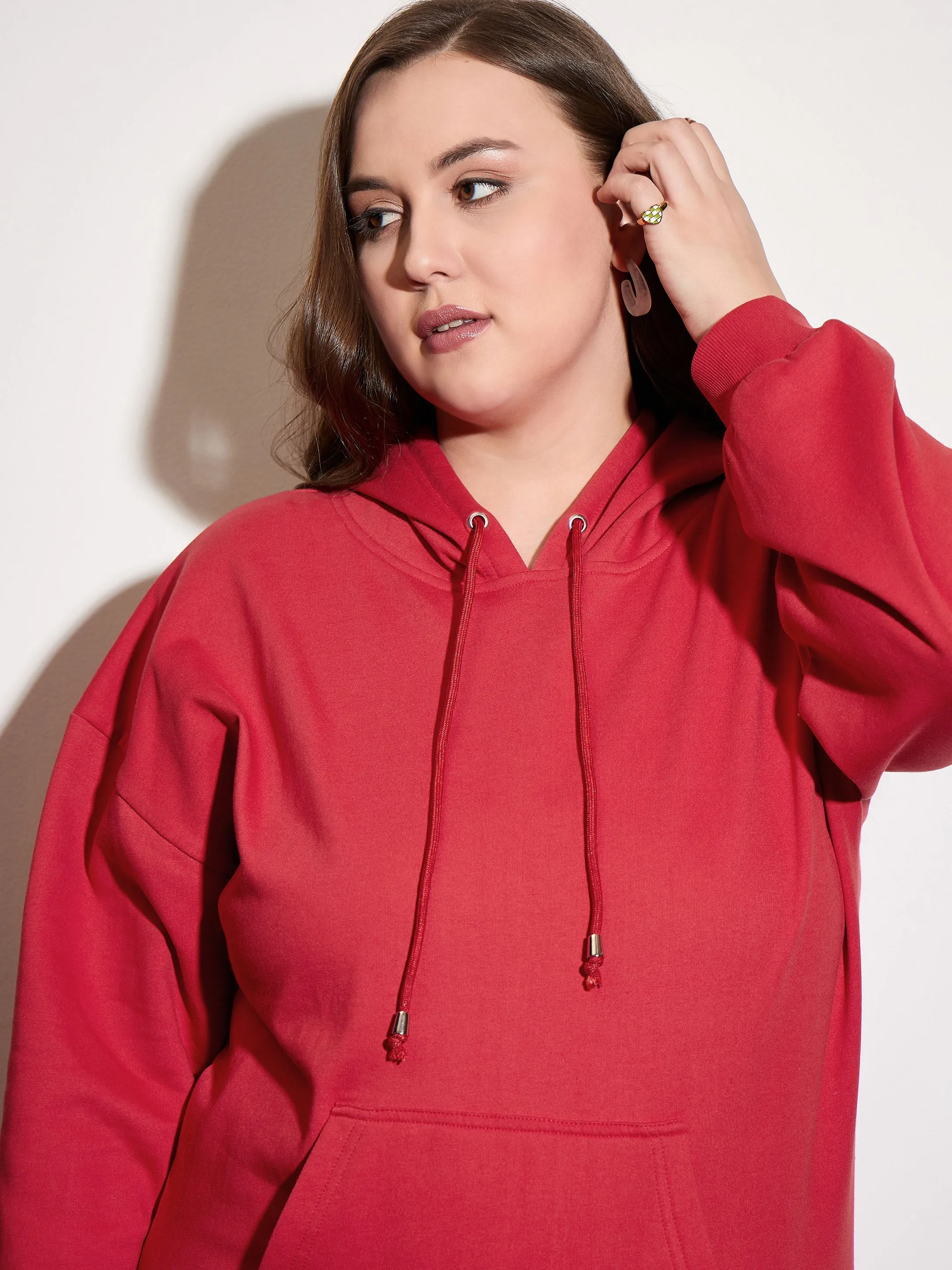 Women Red Melange Fleece Hoodie With Sweatpants