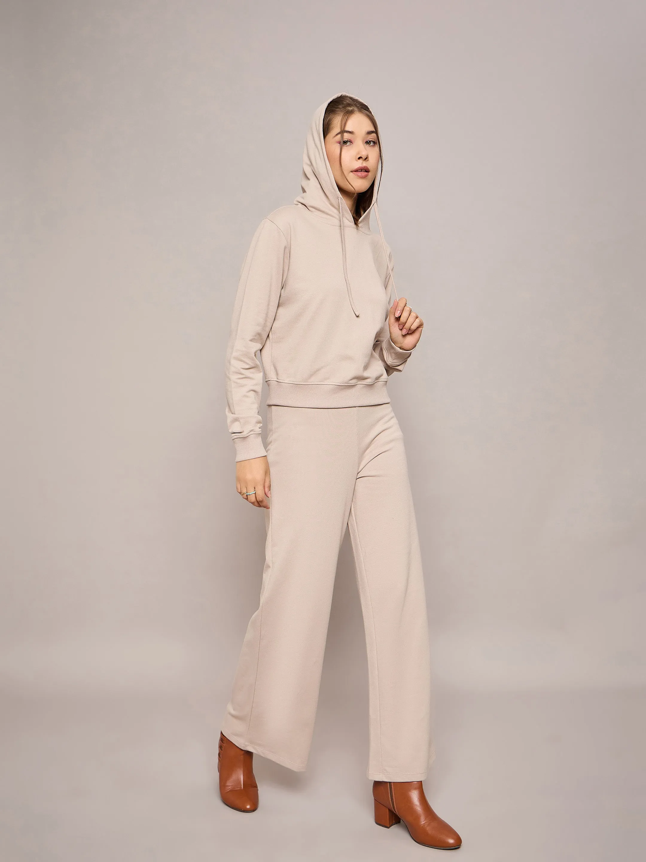 Women Taupe Terry Regular Hoodie With Terry Pants