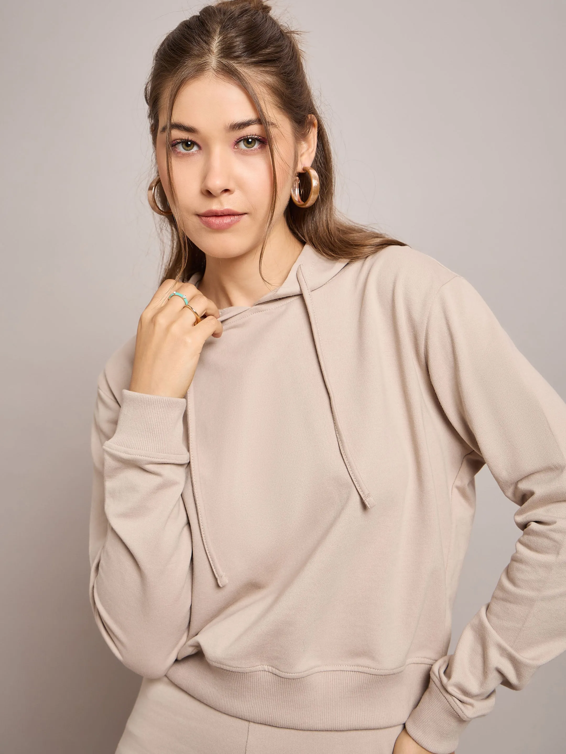 Women Taupe Terry Regular Hoodie With Terry Pants