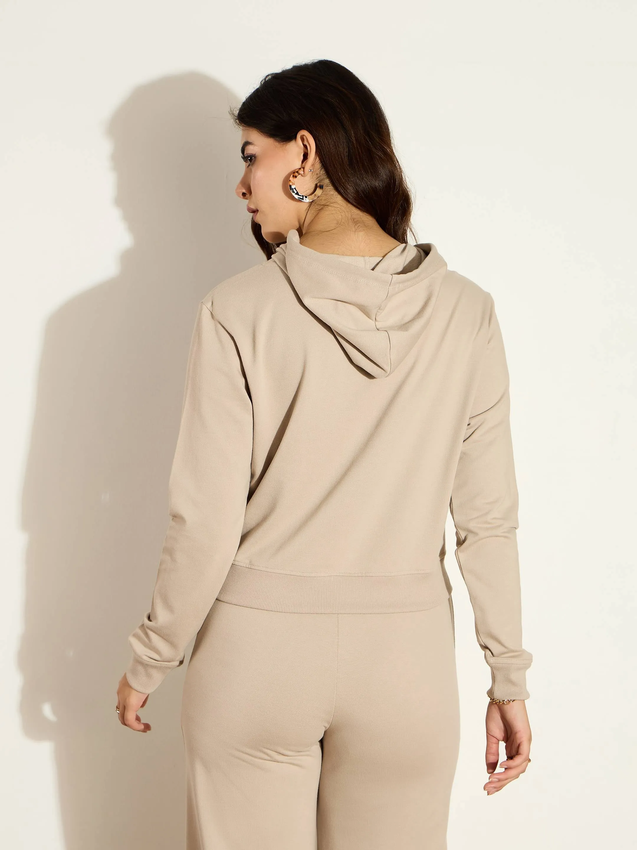 Women Taupe Terry Regular Hoodie