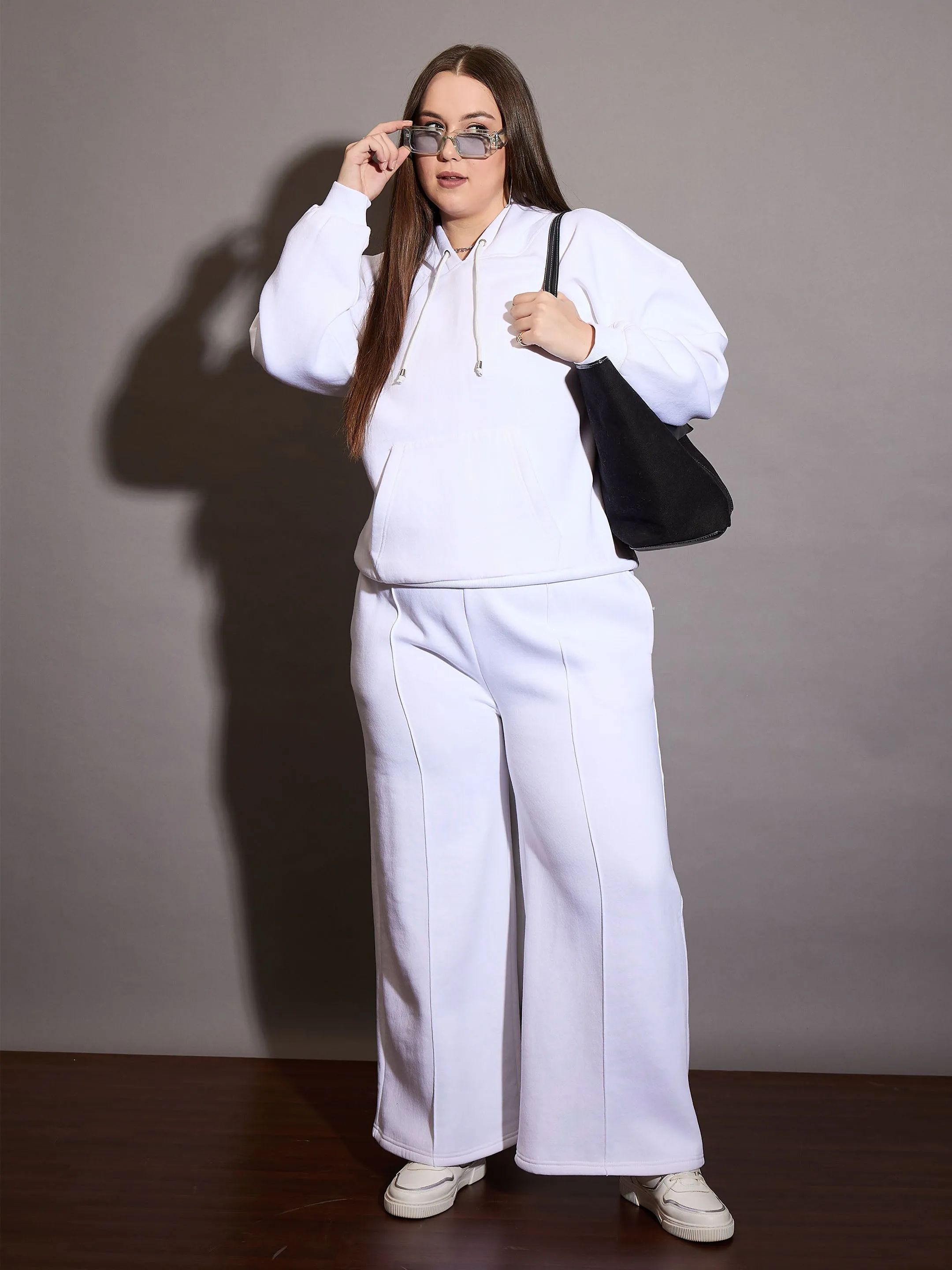 Women White Fleece Hoodie With Sweatpants