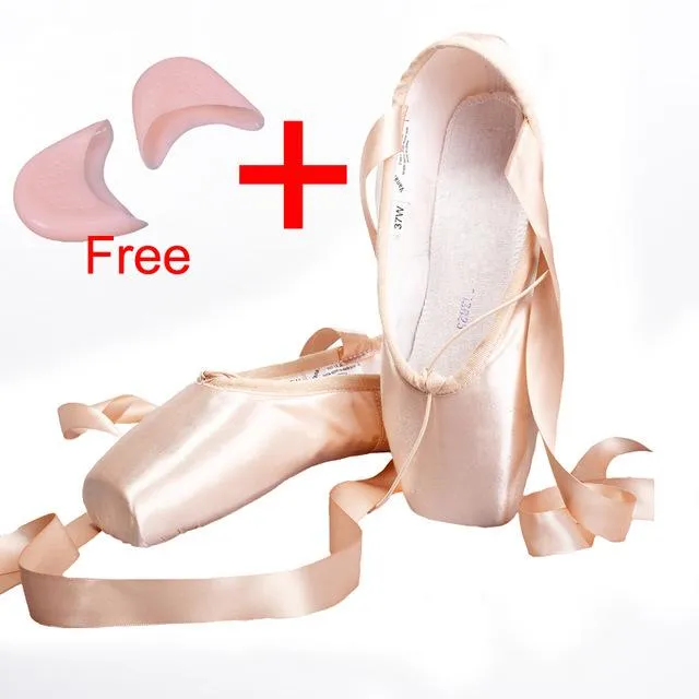 Women's Pink Satin Ballet Dance Point Shoes with Ribbon and Gel Toe Pad