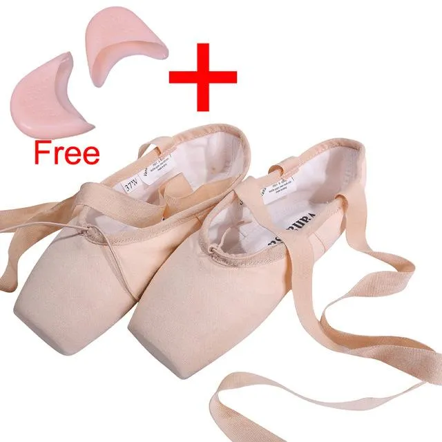 Women's Pink Satin Ballet Dance Point Shoes with Ribbon and Gel Toe Pad