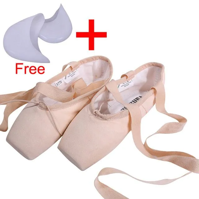 Women's Pink Satin Ballet Dance Point Shoes with Ribbon and Gel Toe Pad