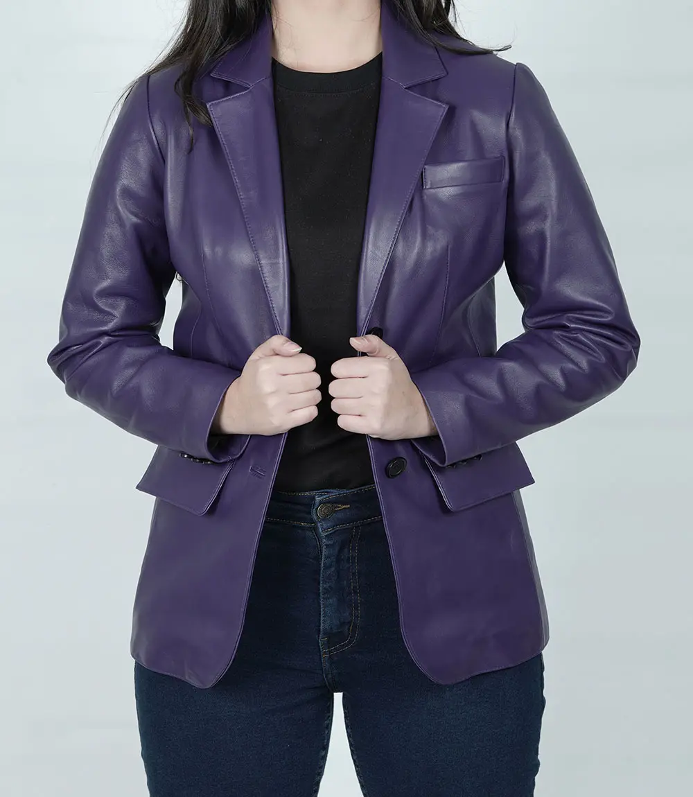 Womens Two Button Purple Leather Blazer