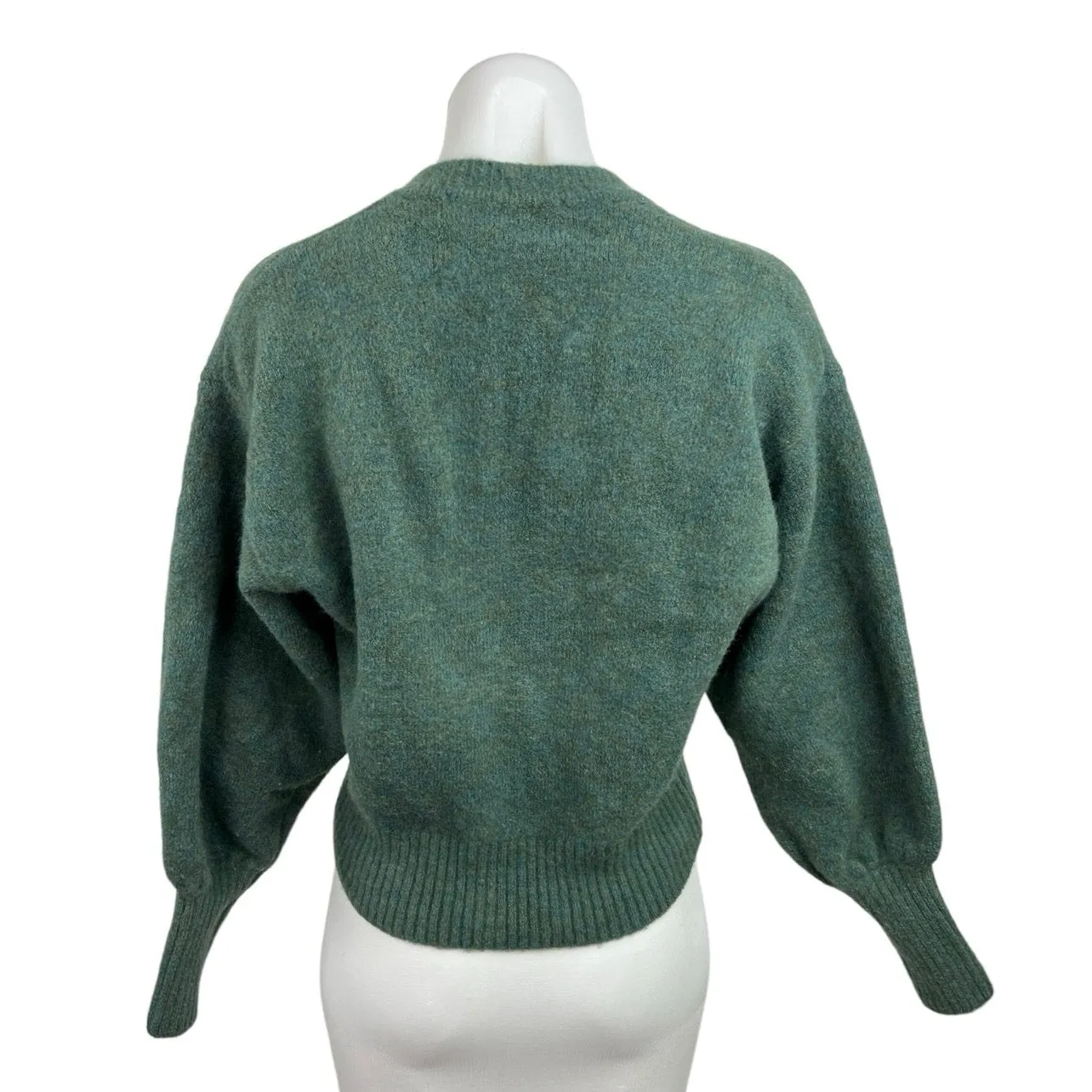 Zara Green Tie Neck Keyhole Wool Blend Balloon Sleeve Pullover Sweater Top Sz S