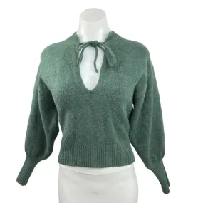 Zara Green Tie Neck Keyhole Wool Blend Balloon Sleeve Pullover Sweater Top Sz S